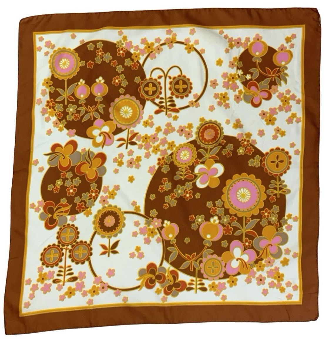 VTG 60S 70S BROWN PINK ORANGE WHITE PSYCHEDELIC FLORAL CIRCLE SCARF