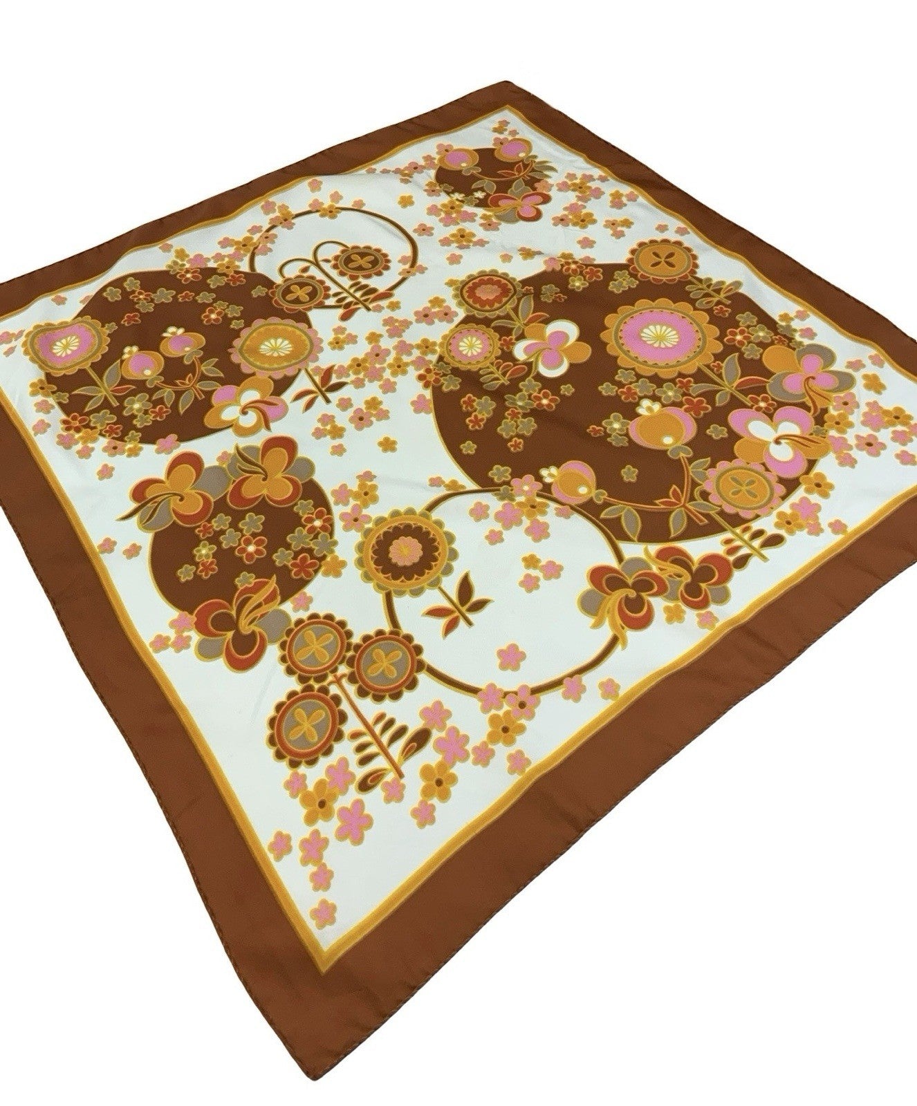 VTG 60S 70S BROWN PINK ORANGE WHITE PSYCHEDELIC FLORAL CIRCLE SCARF
