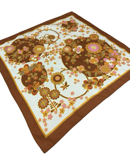 VTG 60S 70S BROWN PINK ORANGE WHITE PSYCHEDELIC FLORAL CIRCLE SCARF