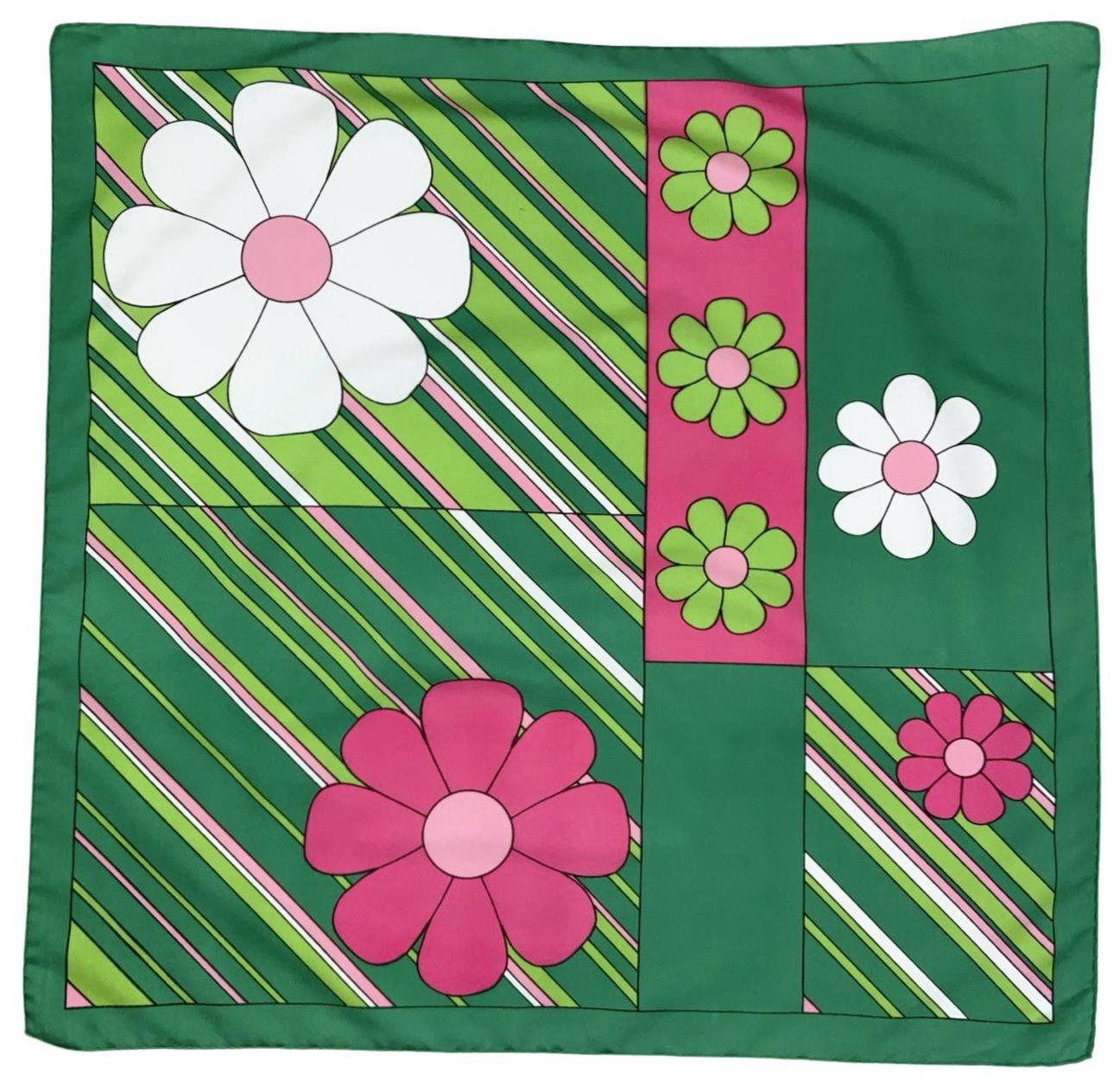 VTG 60S 70S GREEN PINK WHITE MOD DAISY FLORAL STRIPED GEOMETRIC SCARF