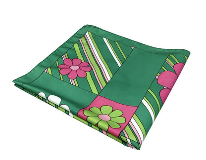 VTG 60S 70S GREEN PINK WHITE MOD DAISY FLORAL STRIPED GEOMETRIC SCARF