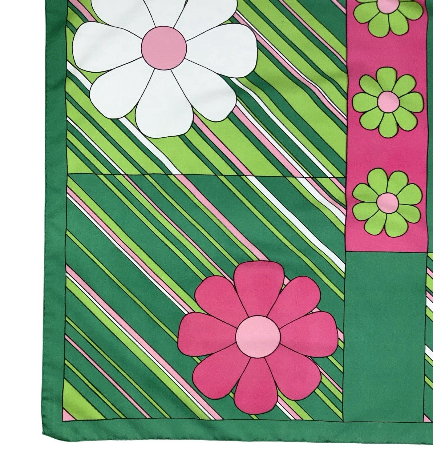 VTG 60S 70S GREEN PINK WHITE MOD DAISY FLORAL STRIPED GEOMETRIC SCARF