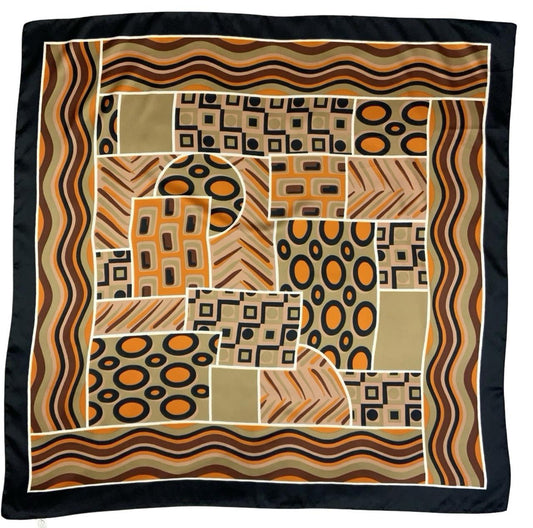 VTG 60S 70S BROWN BLACK ORANGE GEOMETRIC DOT STRIPE WAVY SQUARE RETRO SCARF