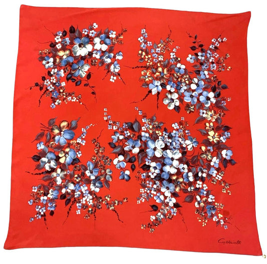VTG 60S 70S RED BLUE CREAM ILLUSTRATIVE FLORAL GABRIELLI SCARF