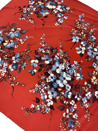 VTG 60S 70S RED BLUE CREAM ILLUSTRATIVE FLORAL GABRIELLI SCARF