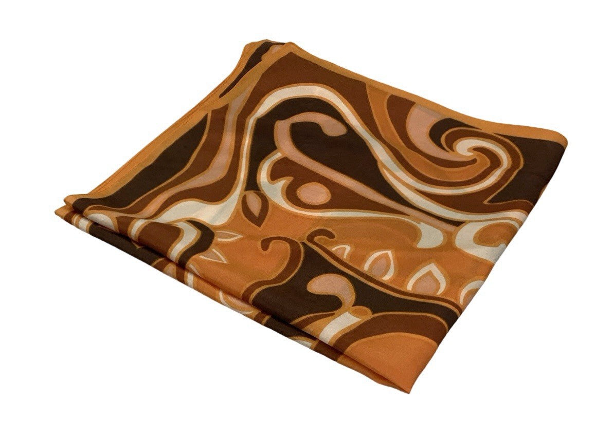 VTG 60S 70S BROWN ORANGE CREAM PSYCHEDELIC SWIRL FLORAL RETRO SCARF