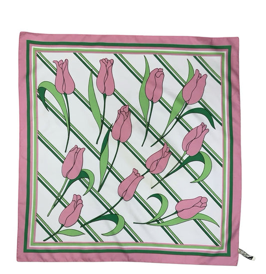 VTG 60S 70S PINK GREEN WHITE STRIPED TULIP FLORAL FLOWER ROSE SCARF