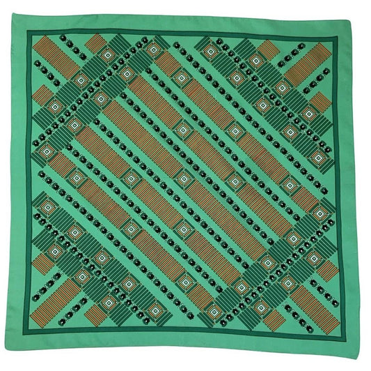 VTG 60S 70S GREEN ORANGE BLACK GEOMETRIC MOD STRIPED FLORAL SCARF