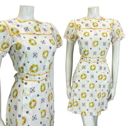VTG 60S 70S WHITE YELLOW GREEN PURPLE ANGLAISE PUFF SLEEVE RIC RAC MINI DRESS 8