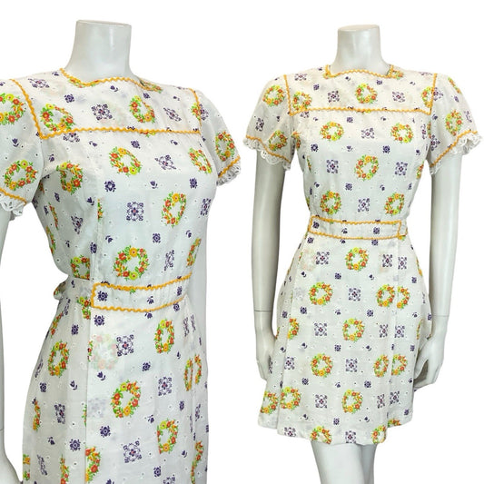 VTG 60S 70S WHITE YELLOW GREEN PURPLE ANGLAISE PUFF SLEEVE RIC RAC MINI DRESS 8