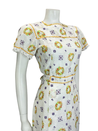 VTG 60S 70S WHITE YELLOW GREEN PURPLE ANGLAISE PUFF SLEEVE RIC RAC MINI DRESS 8