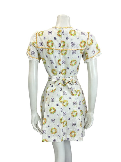 VTG 60S 70S WHITE YELLOW GREEN PURPLE ANGLAISE PUFF SLEEVE RIC RAC MINI DRESS 8