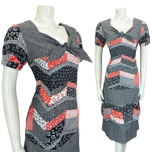 VTG 60S 70S BLACK RED WHITE CHEVRON PATCHWORK PUFF SLEEVE FLORAL DRESS 8 10 S
