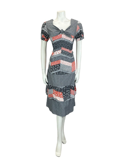 VTG 60S 70S BLACK RED WHITE CHEVRON PATCHWORK PUFF SLEEVE FLORAL DRESS 8 10 S