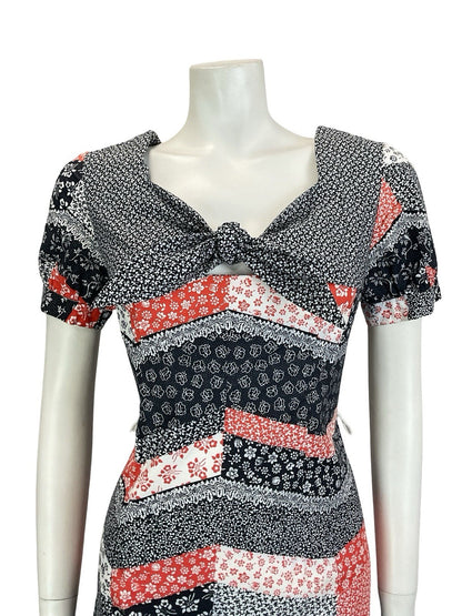 VTG 60S 70S BLACK RED WHITE CHEVRON PATCHWORK PUFF SLEEVE FLORAL DRESS 8 10 S