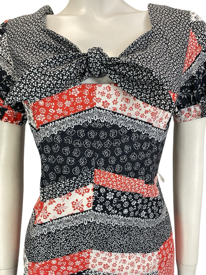 VTG 60S 70S BLACK RED WHITE CHEVRON PATCHWORK PUFF SLEEVE FLORAL DRESS 8 10 S
