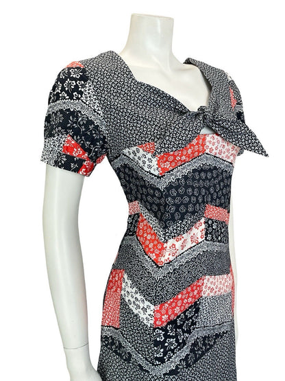 VTG 60S 70S BLACK RED WHITE CHEVRON PATCHWORK PUFF SLEEVE FLORAL DRESS 8 10 S