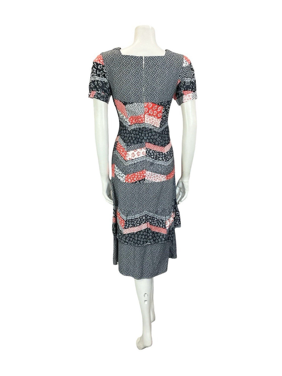 VTG 60S 70S BLACK RED WHITE CHEVRON PATCHWORK PUFF SLEEVE FLORAL DRESS 8 10 S
