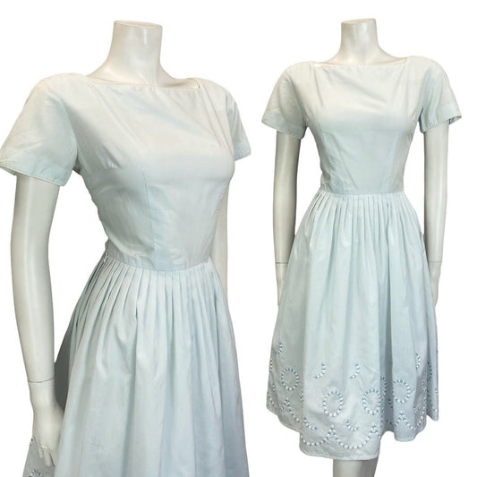 VTG 50s 60S PASTEL BLUE COTTON SQUARE NECK WHITE EMBROIDERED TEA DRESS8
