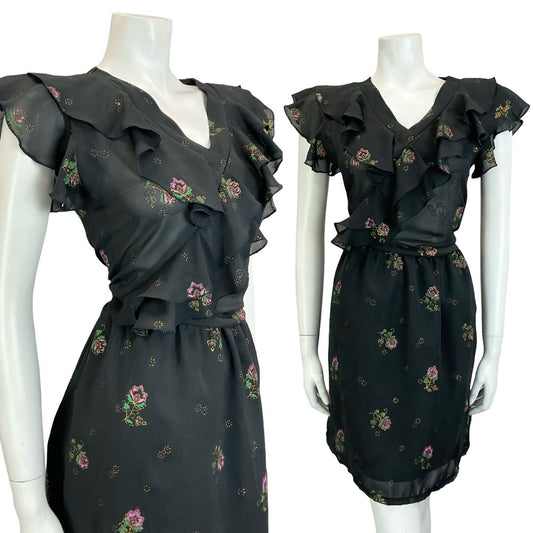 VTG 60S 70S BLACK PURPLE GREEN GOLD FLORAL RUFFLE ELASTICATED BLOUSON DRESS 10