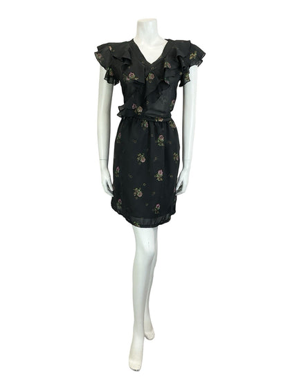 VTG 60S 70S BLACK PURPLE GREEN GOLD FLORAL RUFFLE ELASTICATED BLOUSON DRESS 10