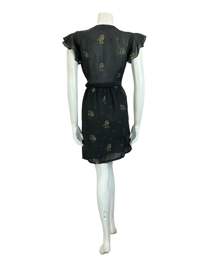 VTG 60S 70S BLACK PURPLE GREEN GOLD FLORAL RUFFLE ELASTICATED BLOUSON DRESS 10