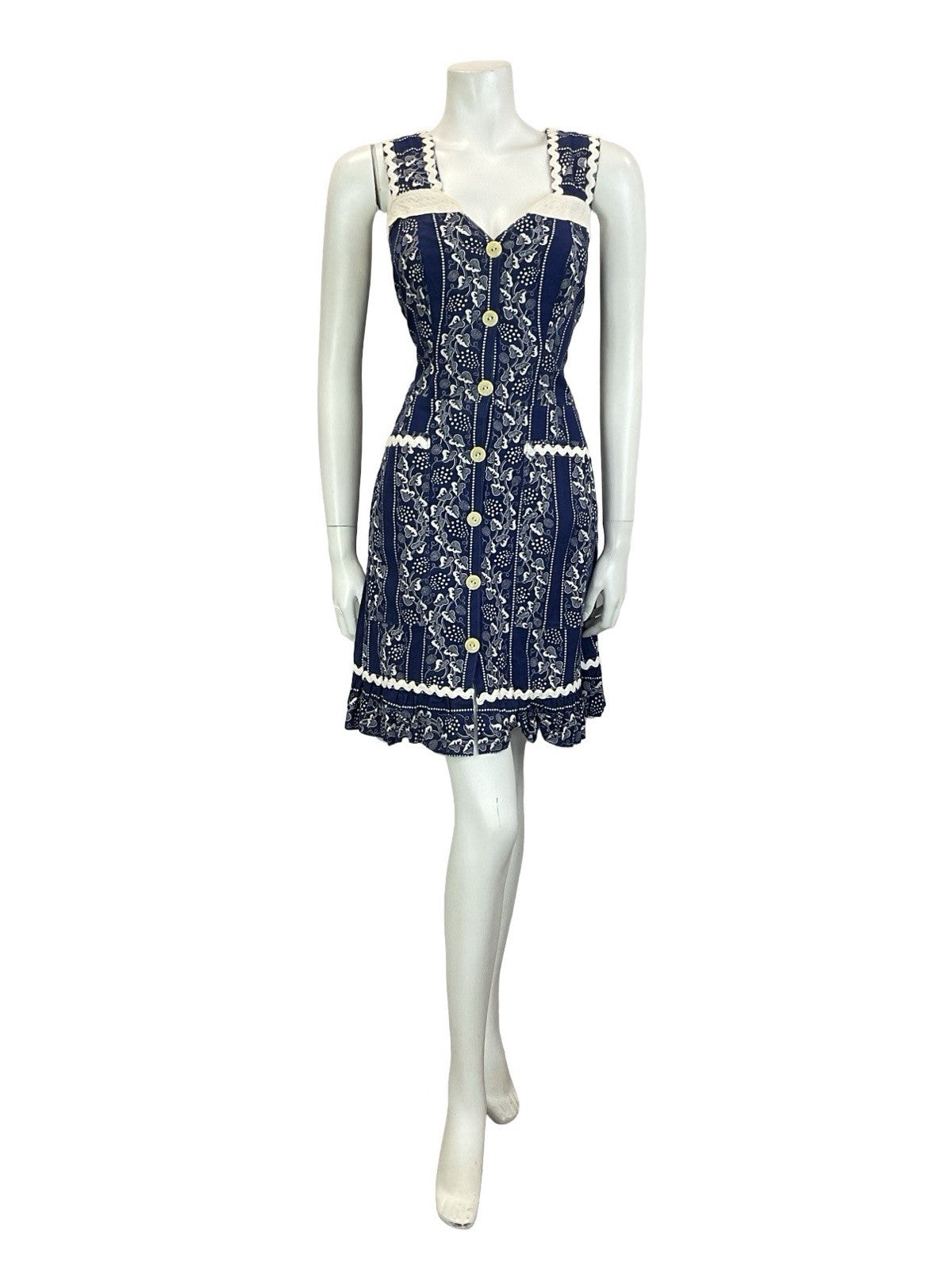 VTG 60S 70S NAVY BLUE WHITE PRAIRIE COTTAGE VINE STRAPPY RUFFLE SUN DRESS 10