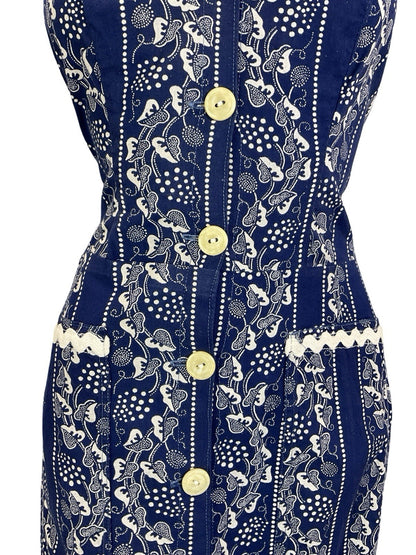 VTG 60S 70S NAVY BLUE WHITE PRAIRIE COTTAGE VINE STRAPPY RUFFLE SUN DRESS 10