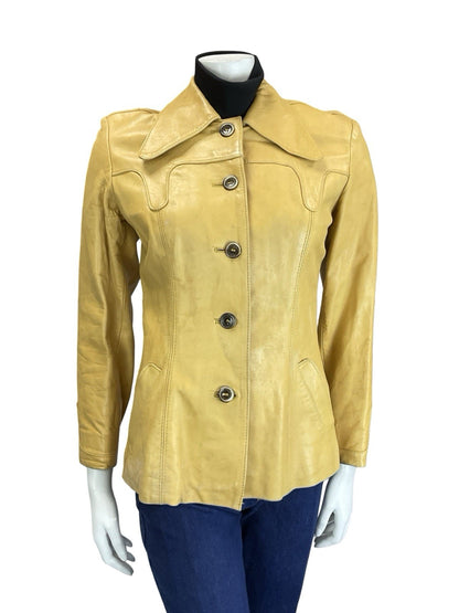 VTG 60S 70S YELLOW LIGHT TAN LEATHER WESTERN BOHO YOKE DOG EAR JACKET 8 10 S
