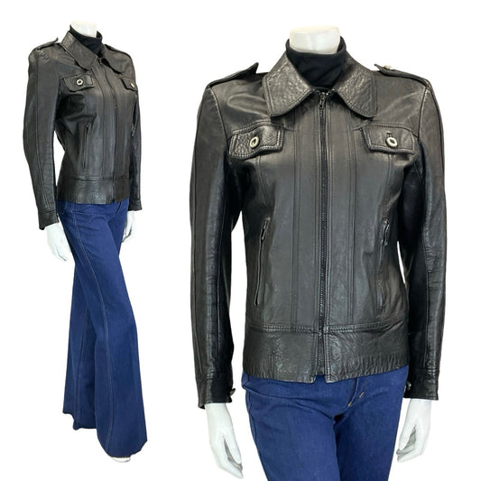 VTG 60S 70S BLACK BIKER ZIP UP LEATHER EPAULETTE MILITARY JACKET W/ POCKETS 10