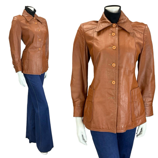 VTG 60S 70S WESTERN BROWN DAGGER COLLAR PLEATED LEATHER JACKET W/ POCKETS 10