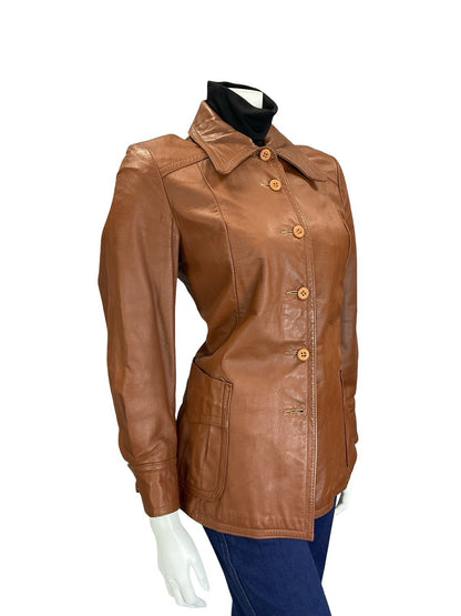 VTG 60S 70S WESTERN BROWN DAGGER COLLAR PLEATED LEATHER JACKET W/ POCKETS 10