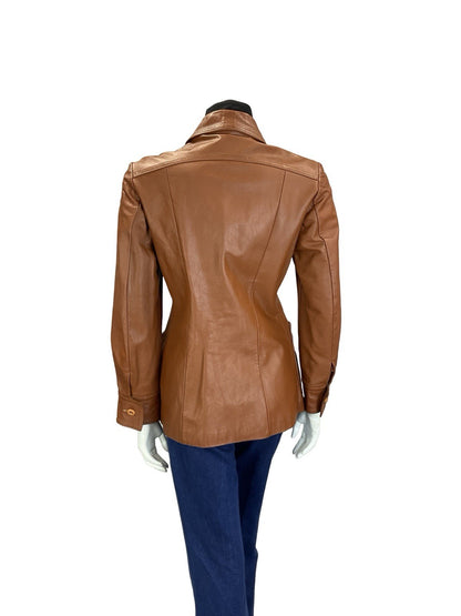 VTG 60S 70S WESTERN BROWN DAGGER COLLAR PLEATED LEATHER JACKET W/ POCKETS 10
