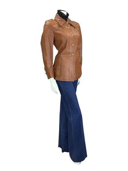 VTG 60S 70S WESTERN BROWN DAGGER COLLAR PLEATED LEATHER JACKET W/ POCKETS 10