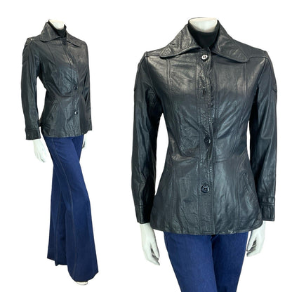 VTG 60S 70S NAVY BLUE SCOOTER MOD SPACE AGE DOG EAR COLLAR LEATHER JACKET 10