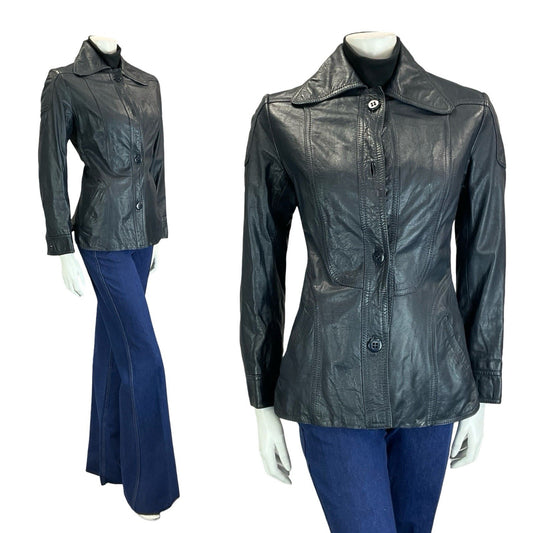VTG 60S 70S NAVY BLUE SCOOTER MOD SPACE AGE DOG EAR COLLAR LEATHER JACKET 10
