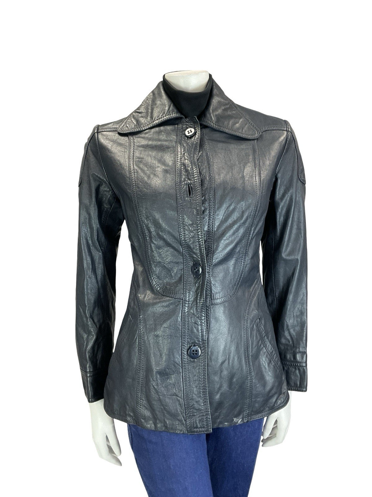 VTG 60S 70S NAVY BLUE SCOOTER MOD SPACE AGE DOG EAR COLLAR LEATHER JACKET 10