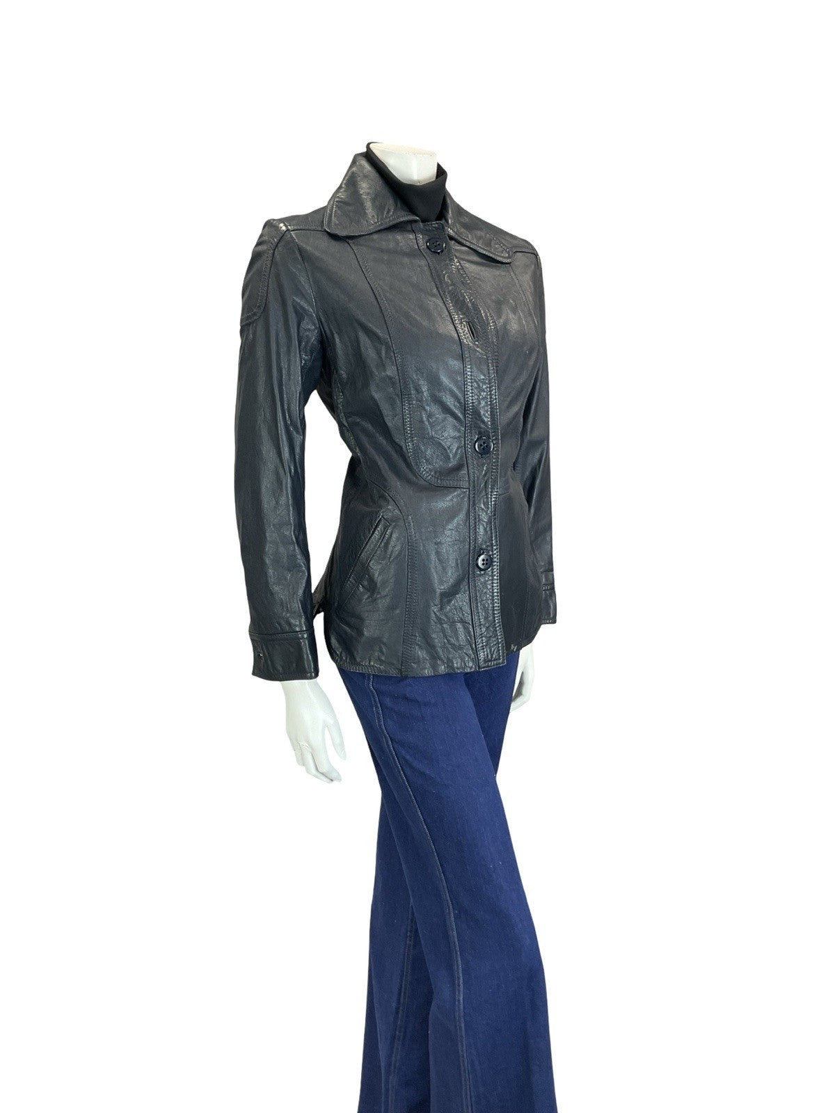 VTG 60S 70S NAVY BLUE SCOOTER MOD SPACE AGE DOG EAR COLLAR LEATHER JACKET 10
