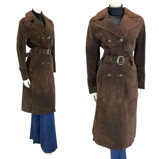VTG 60S 70S DARK BROWN DOUBLE BREASTED SUEDE LEATHER BELTED MAC TRENCH COAT 10