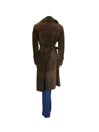 VTG 60S 70S DARK BROWN DOUBLE BREASTED SUEDE LEATHER BELTED MAC TRENCH COAT 10