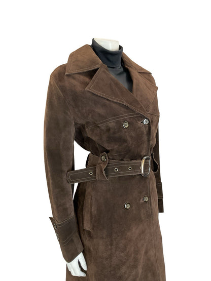 VTG 60S 70S DARK BROWN DOUBLE BREASTED SUEDE LEATHER BELTED MAC TRENCH COAT 10