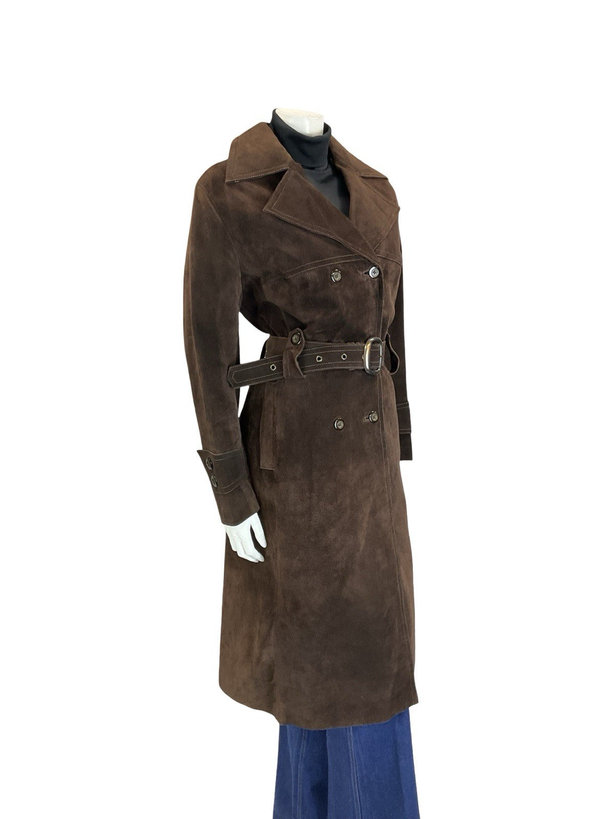 VTG 60S 70S DARK BROWN DOUBLE BREASTED SUEDE LEATHER BELTED MAC TRENCH COAT 10