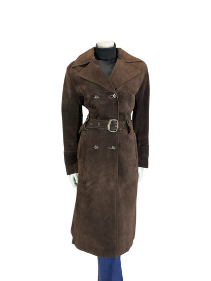 VTG 60S 70S DARK BROWN DOUBLE BREASTED SUEDE LEATHER BELTED MAC TRENCH COAT 10