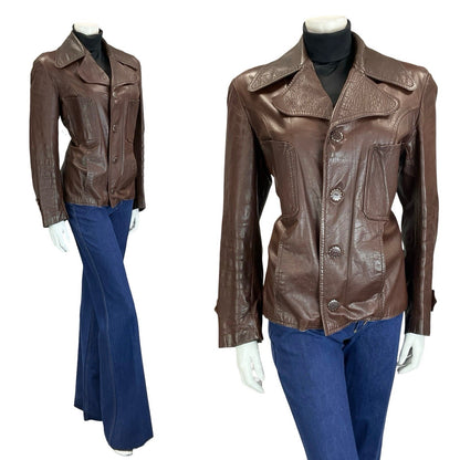 VTG 60S 70S MOD CHESTNUT BROWN LEATHER NOTCH LAPEL CROPPED JACKET W/ POCKETS 14