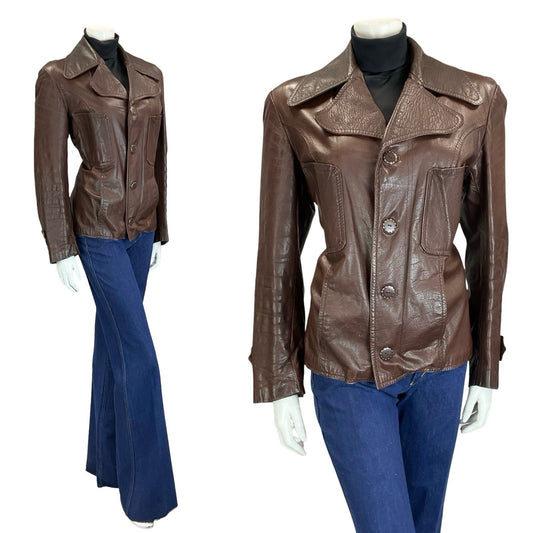 VTG 60S 70S MOD CHESTNUT BROWN LEATHER NOTCH LAPEL CROPPED JACKET W/ POCKETS 14
