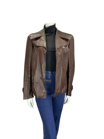 VTG 60S 70S MOD CHESTNUT BROWN LEATHER NOTCH LAPEL CROPPED JACKET W/ POCKETS 14