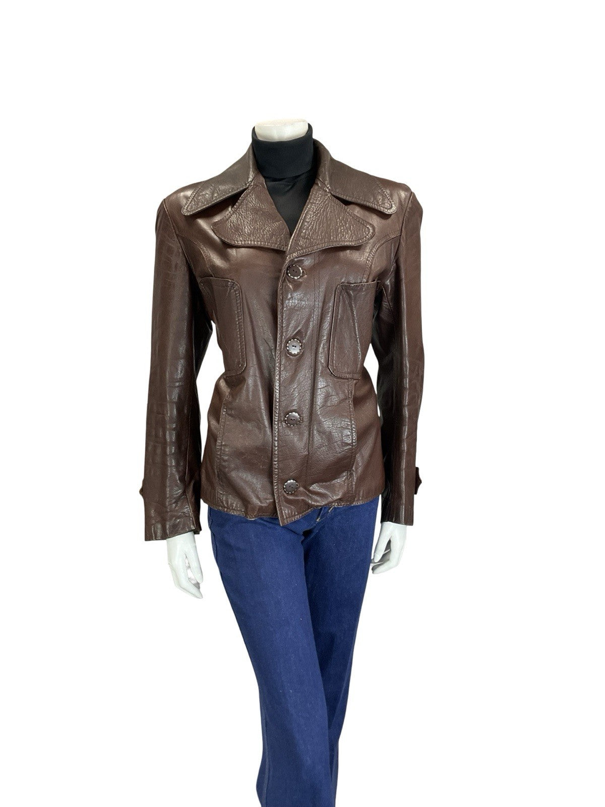 VTG 60S 70S MOD CHESTNUT BROWN LEATHER NOTCH LAPEL CROPPED JACKET W/ POCKETS 14