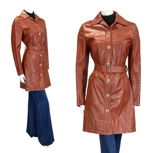 VTG 60S 70S RED BROWN MOD WESTERN YOKE BELTED LEATHER JACKET W/ POCKETS 8