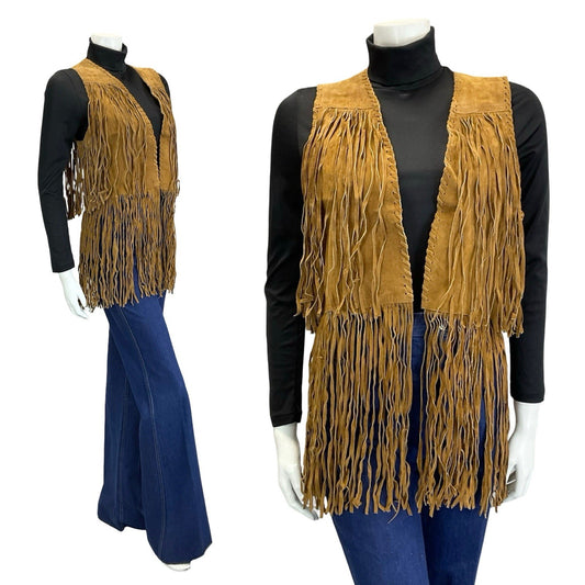 VTG 60S 70S TAN BROWN LEATHER FRINGE BOHO HIPPY FESTIVAL OPEN WAISTCOAT 8 10 S