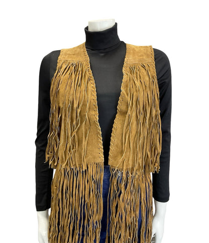 VTG 60S 70S TAN BROWN LEATHER FRINGE BOHO HIPPY FESTIVAL OPEN WAISTCOAT 8 10 S